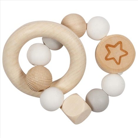Jucarie de motricitate Zornaitoare elastica din lemn cu inel si margele mari Star, pentru bebelusi - imagine 3